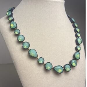 J Crew Sean Glass Brulee Crystal Blue Rhinestone Necklace Tear Drop Gold Tone